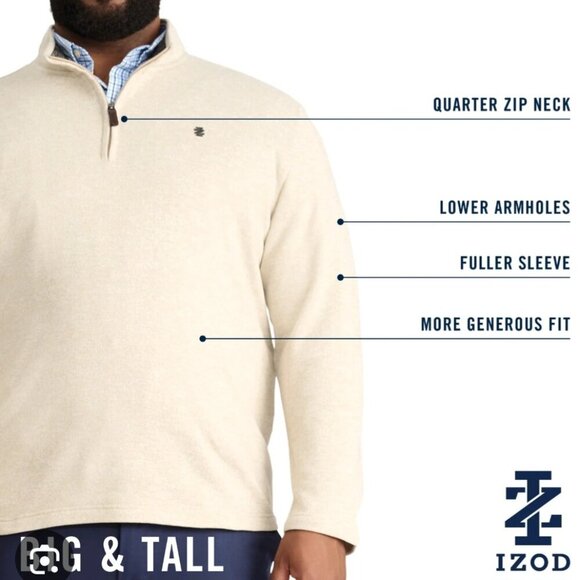 NWT Izod big and tall creme Beige Preppy quarter zip logo soft sweatshirt 3XLT - Picture 4 of 5